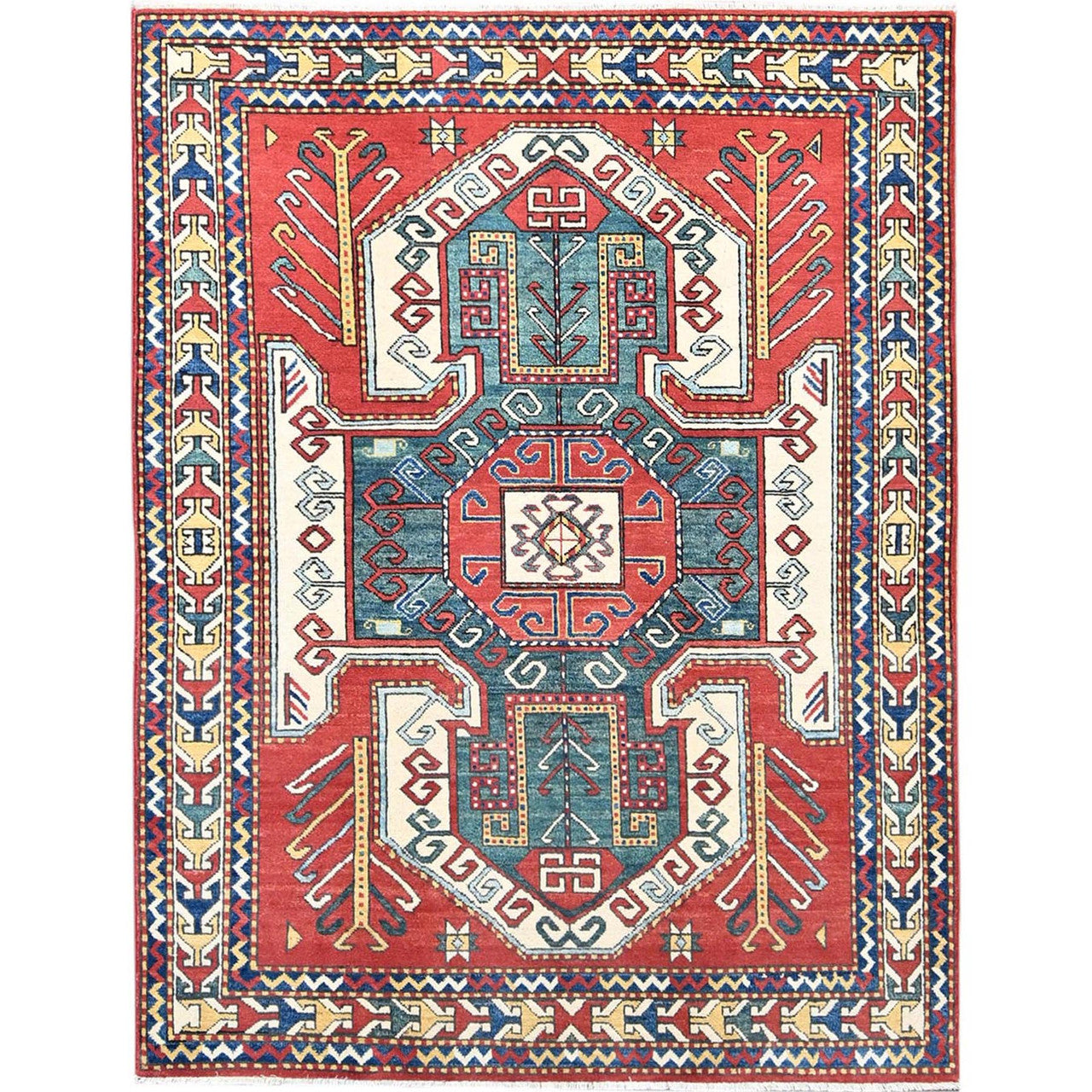 Red 5'0" x 6'6" Kazak Hand knotted Wool Rug - Sku: O086809
