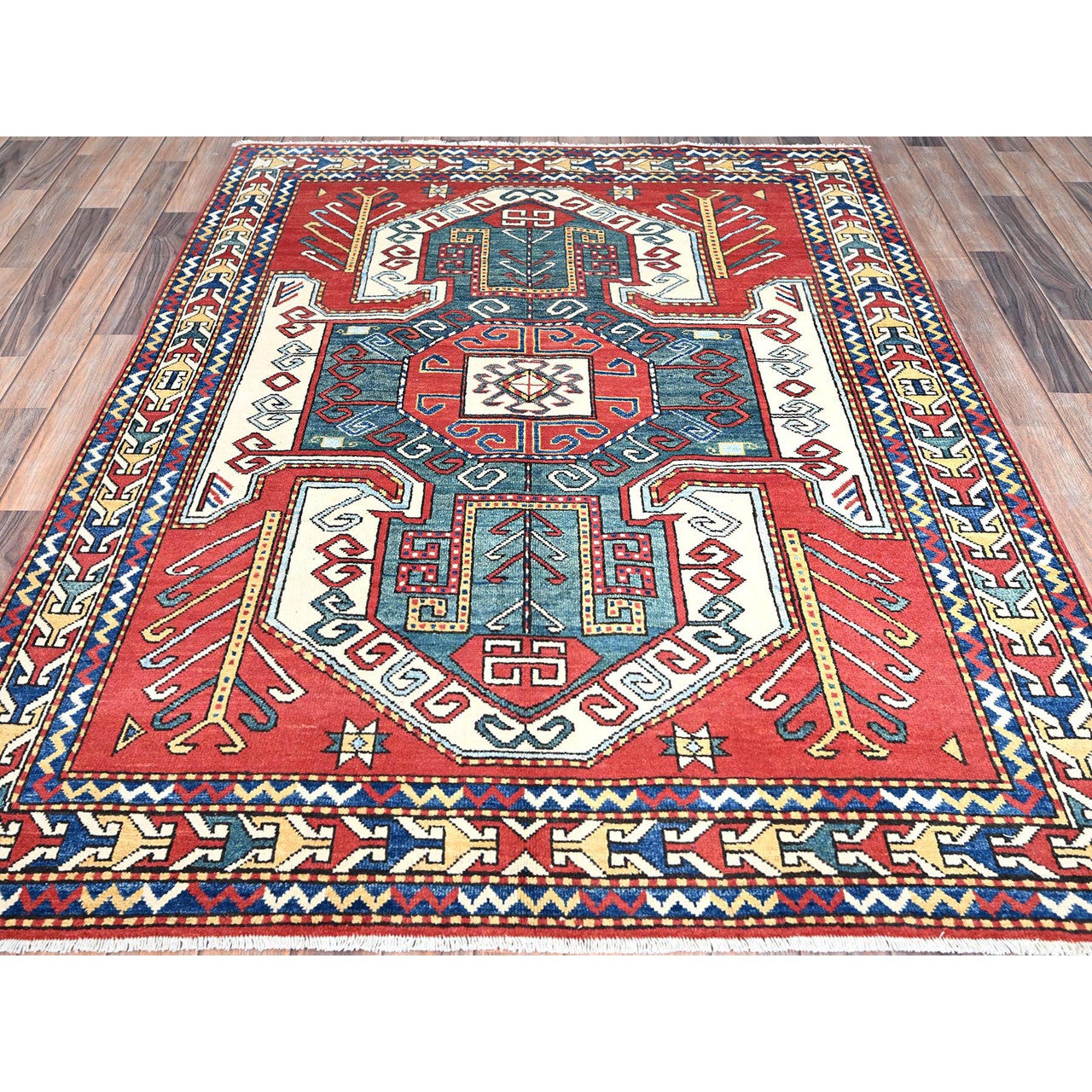 Red 5'0" x 6'6" Kazak Hand knotted Wool Rug - Sku: O086809
