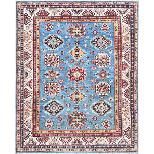 Kazak Wool Hand Knotted Rug Blue Ivory 5.1X6.4 -O086816