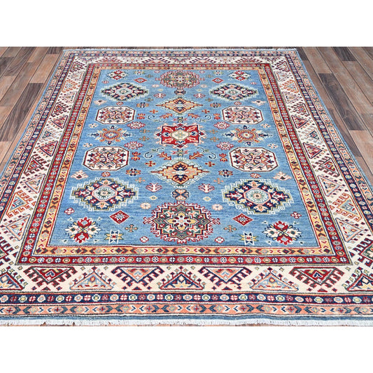 Kazak Wool Hand Knotted Rug Blue Ivory 5.1X6.4 -O086816