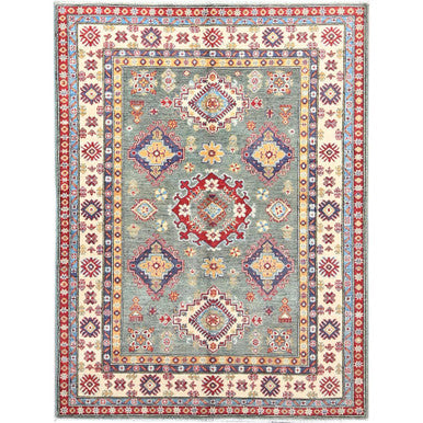 Kazak Wool Hand Knotted Rug Green Ivory 4.11X6.7 -O086819