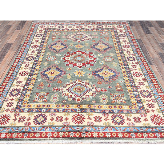 Kazak Wool Hand Knotted Rug Green Ivory 4.11X6.7 -O086819