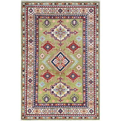 Kazak Wool Hand Knotted Rug Green Ivory 4.0X5.11 -O086875