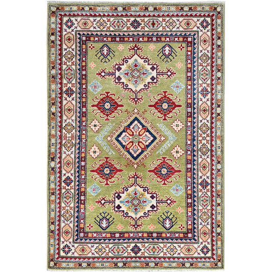 Kazak Wool Hand Knotted Rug Green Ivory 4.0X5.11 -O086875