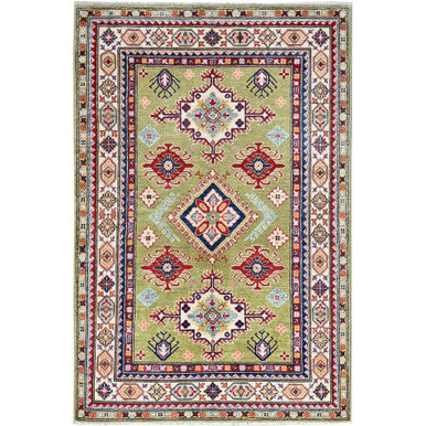 Kazak Wool Hand Knotted Rug Green Ivory 4.0X5.11 -O086875