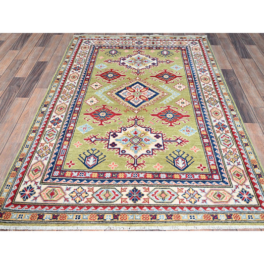 Kazak Wool Hand Knotted Rug Green Ivory 4.0X5.11 -O086875
