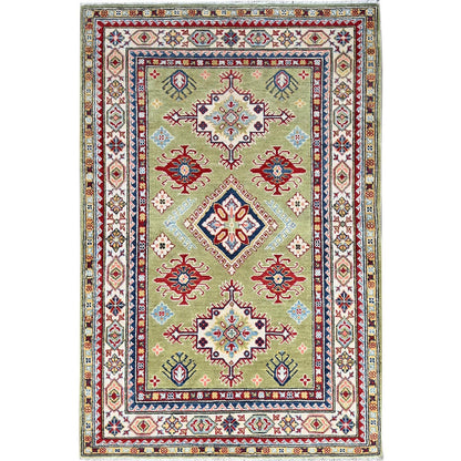 Kazak Wool Hand Knotted Rug Green Ivory 4.1X6.2 -O086878