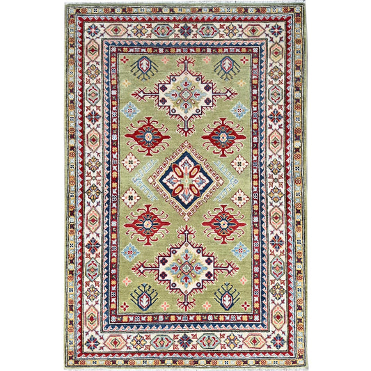 Kazak Wool Hand Knotted Rug Green Ivory 4.1X6.2 -O086878