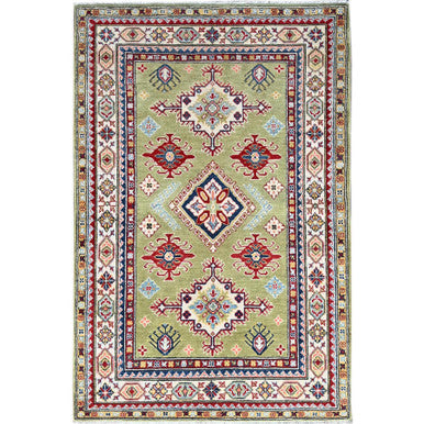 Kazak Wool Hand Knotted Rug Green Ivory 4.1X6.2 -O086878