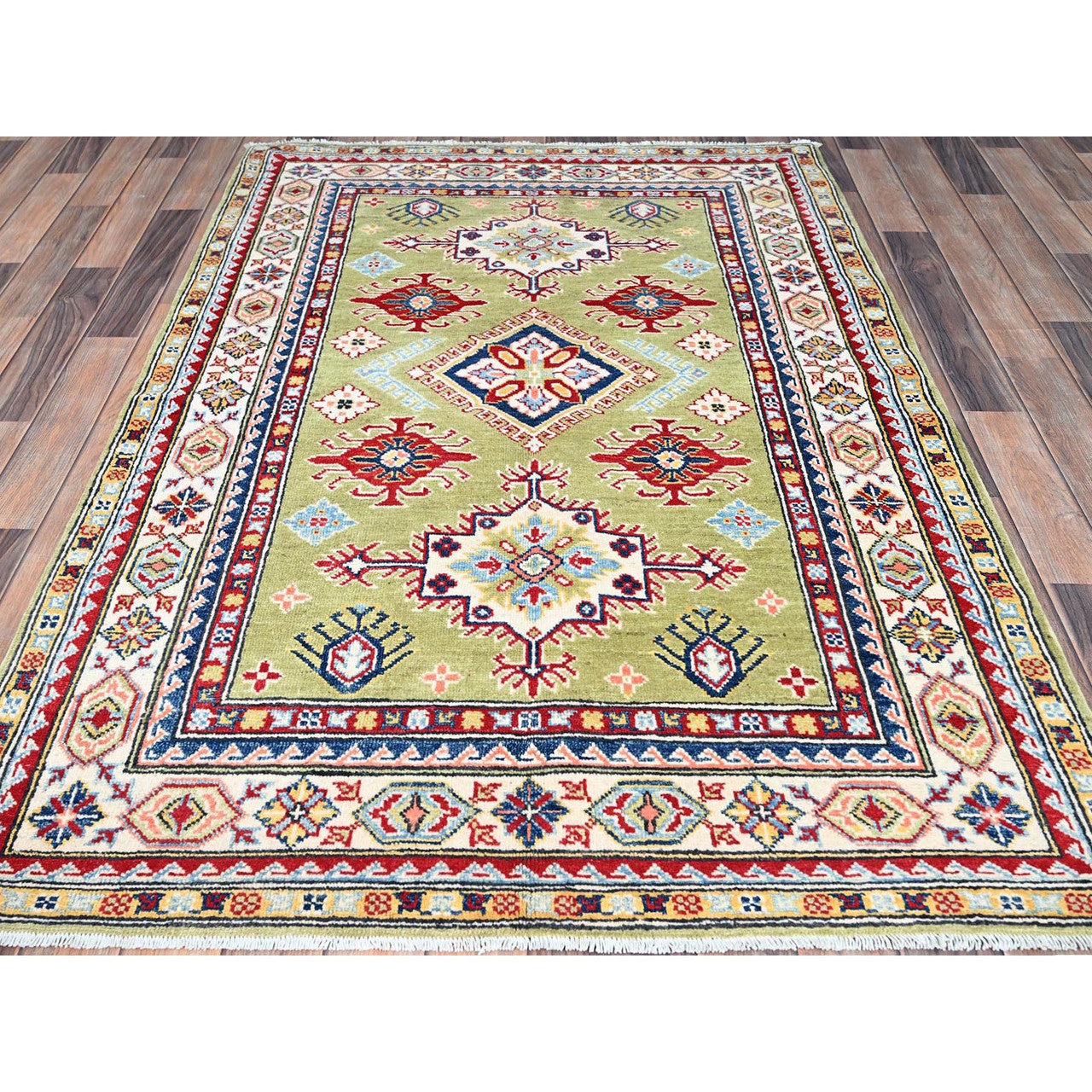 Kazak Wool Hand Knotted Rug Green Ivory 4.1X6.2 -O086878