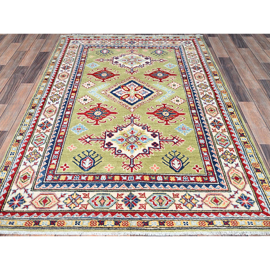 Kazak Wool Hand Knotted Rug Green Ivory 4.1X6.2 -O086878