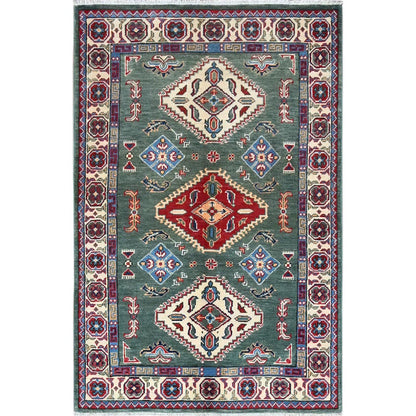 Kazak Wool Hand Knotted Rug Green Ivory 3.3X4.8 -O086882