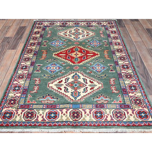 Kazak Wool Hand Knotted Rug Green Ivory 3.3X4.8 -O086882