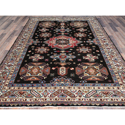 Kazak Wool Hand Knotted Rug Black Ivory 6.0X8.5 -O086890
