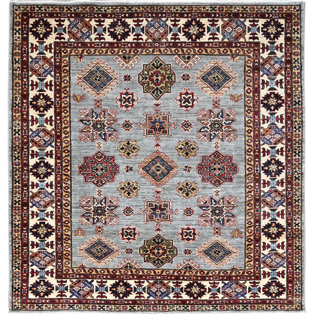 Gray 5'11" x 6'2" Kazak Hand knotted Wool Rug - Sku: O086891