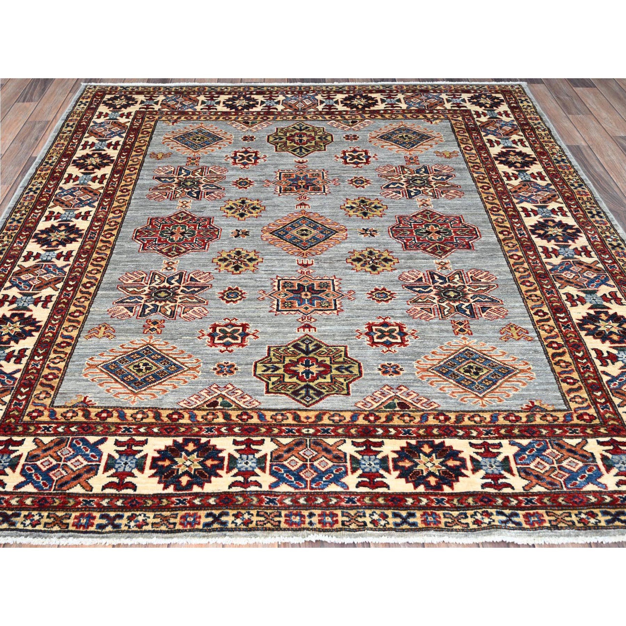 Gray 5'11" x 6'2" Kazak Hand knotted Wool Rug - Sku: O086891