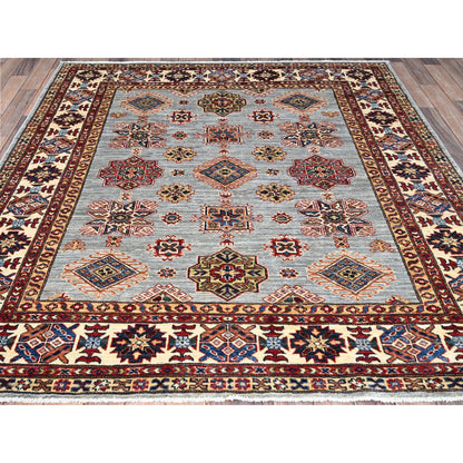 Kazak Wool Hand Knotted Rug Grey Ivory 5.11X6.2 -O086891