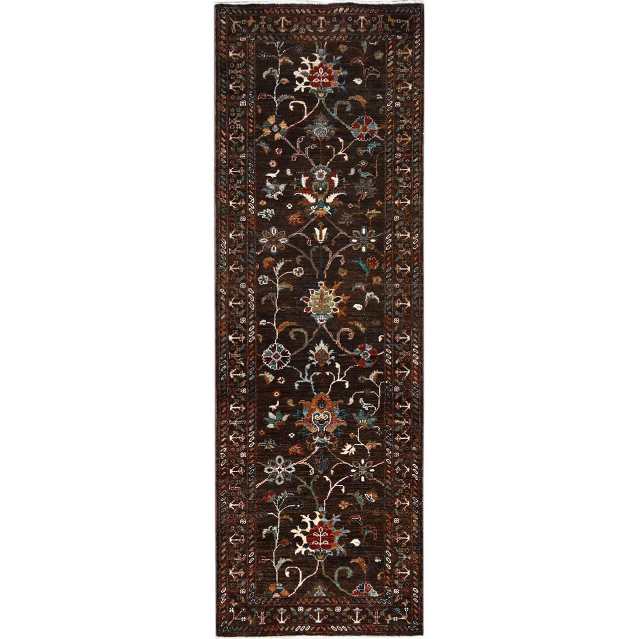 Brown 2'8" x 8'6" Tribal & Geometric Hand knotted Wool Rug - Sku: O086895
