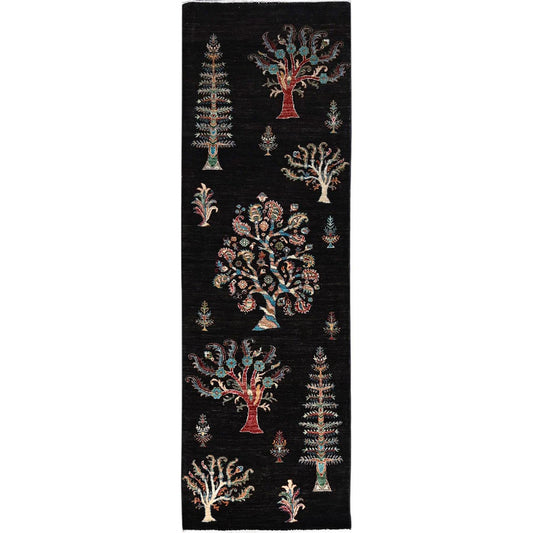 Tribal & Geometric Wool Hand Knotted Rug Black Black 2.7X8.0 -O086898