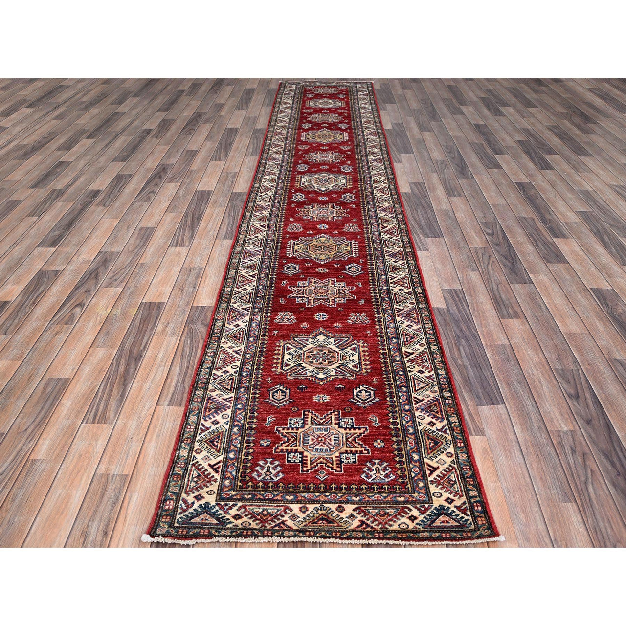 Red 2'7" x 13'2" Kazak Hand knotted Wool Rug - Sku: O086910