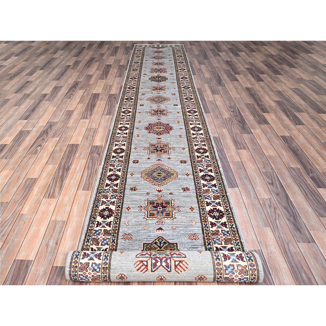 Gray 2'9" x 18'2" Kazak Hand knotted Wool Rug - Sku: O086916