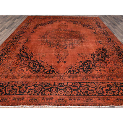 Overdyed & Vintage Wool Hand Knotted Rug Orange Black 9.3X12.1 -O086934
