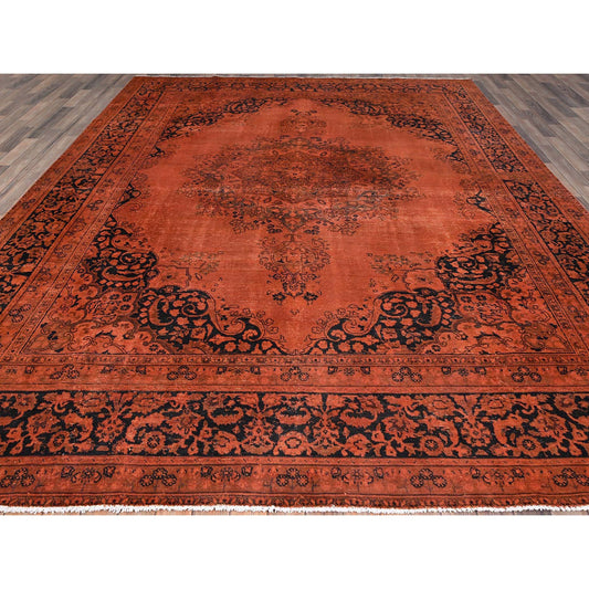 Overdyed & Vintage Wool Hand Knotted Rug Orange Black 9.3X12.1 -O086934