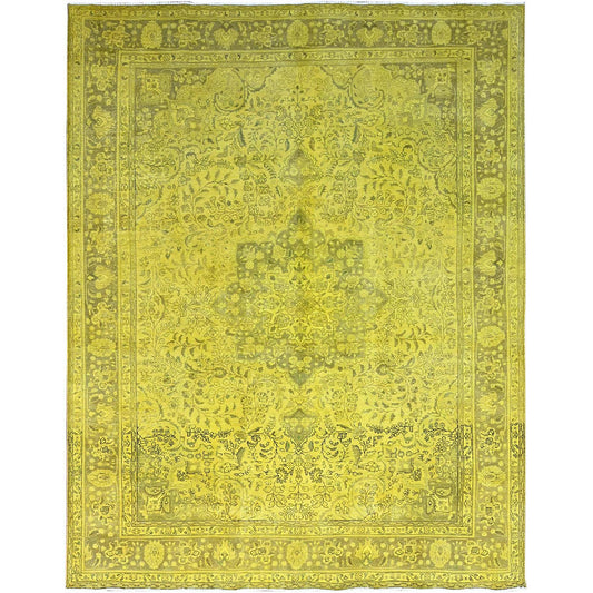 Overdyed & Vintage Wool Hand Knotted Rug Yellow Green 9.8X12.6 -O086942