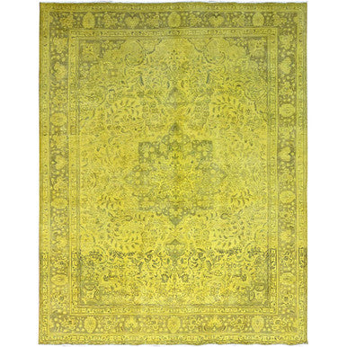 Overdyed & Vintage Wool Hand Knotted Rug Yellow Green 9.8X12.6 -O086942