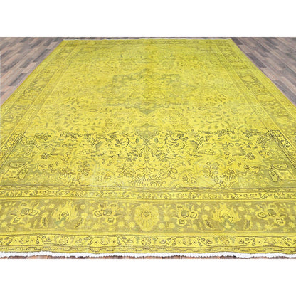 Overdyed & Vintage Wool Hand Knotted Rug Yellow Green 9.8X12.6 -O086942