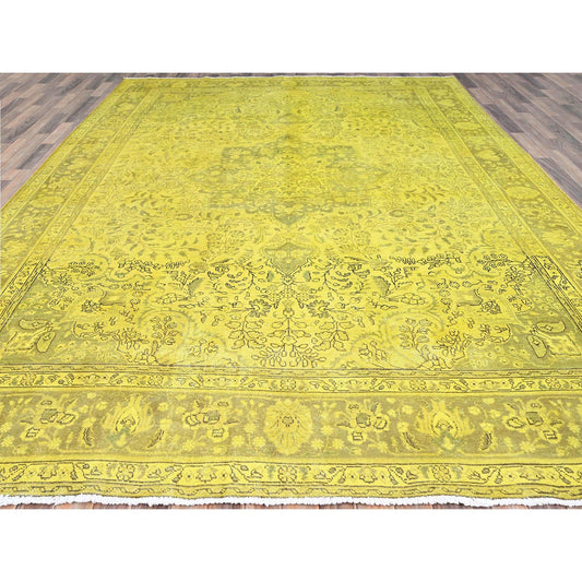 Overdyed & Vintage Wool Hand Knotted Rug Yellow Green 9.8X12.6 -O086942