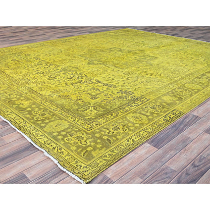 Overdyed & Vintage Wool Hand Knotted Rug Yellow Green 9.8X12.6 -O086942