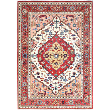Heriz Wool Hand Knotted Rug Ivory Red 6.1X8.9 -O086961