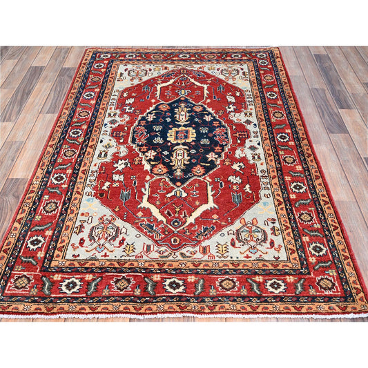 Heriz Wool Hand Knotted Rug Grey Red 4.0X5.10 -O086967