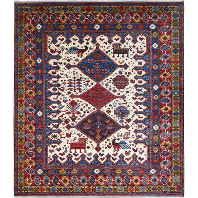 Tribal & Geometric Wool Hand Knotted Rug Ivory Red 8.4X9.3 -O086976