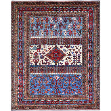 Tribal & Geometric Wool Hand Knotted Rug Blue Red 8.9X10.5 -O086977