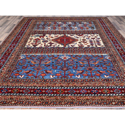 Tribal & Geometric Wool Hand Knotted Rug Blue Red 8.9X10.5 -O086977
