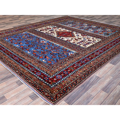 Tribal & Geometric Wool Hand Knotted Rug Blue Red 8.9X10.5 -O086977