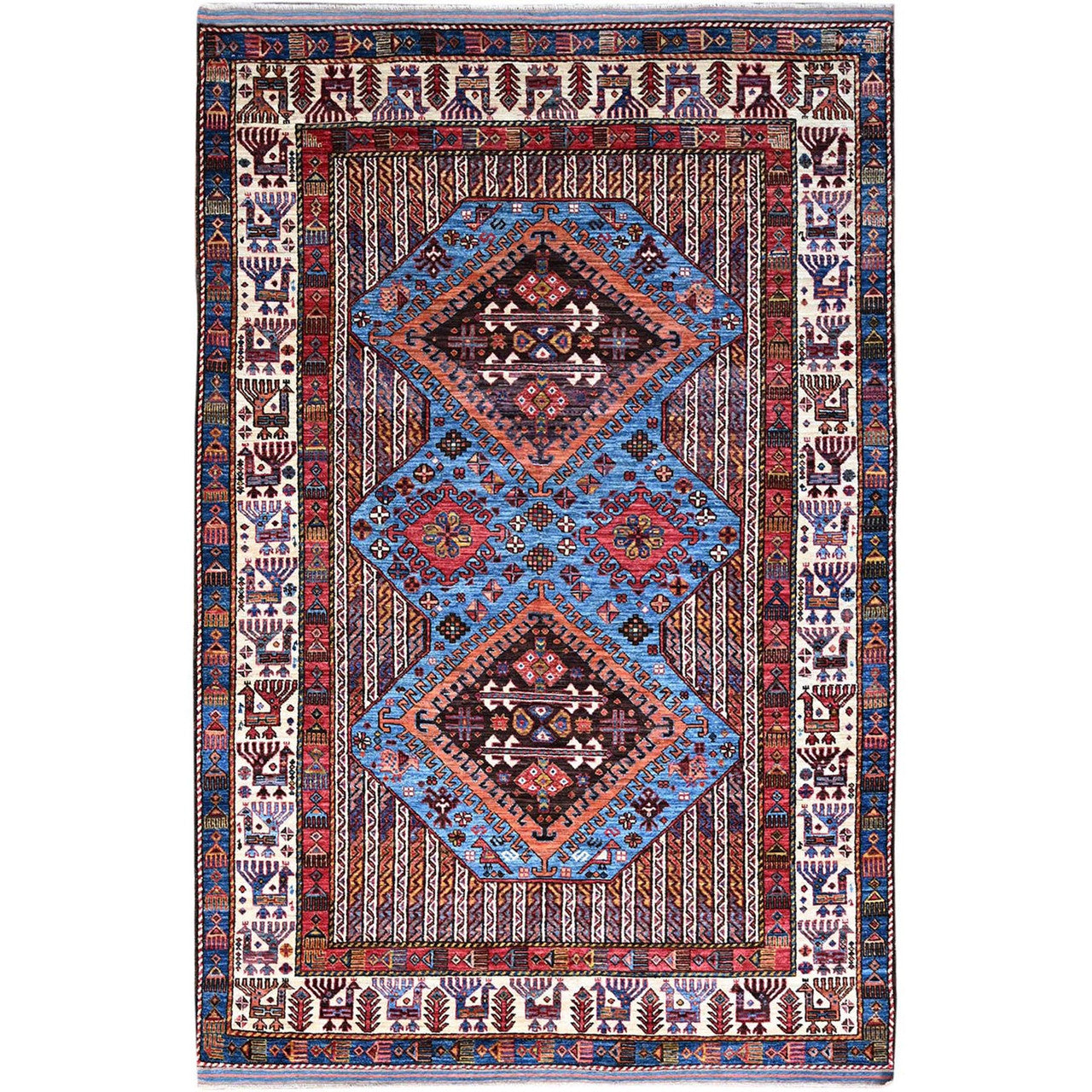 Blue 5'10" x 9'0" Tribal & Geometric Hand knotted Wool Rug - Sku: O086981