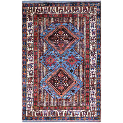 Tribal & Geometric Wool Hand Knotted Rug Blue Red 5.10X9.0 -O086981