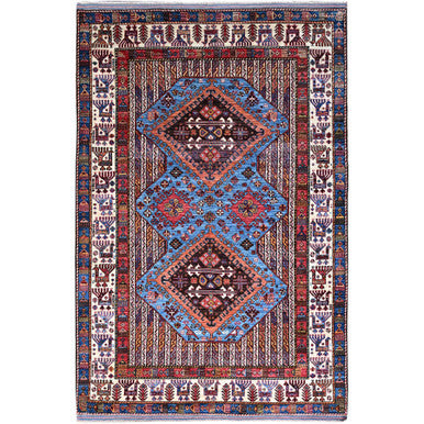 Tribal & Geometric Wool Hand Knotted Rug Blue Red 5.10X9.0 -O086981
