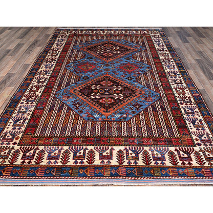 Tribal & Geometric Wool Hand Knotted Rug Blue Red 5.10X9.0 -O086981