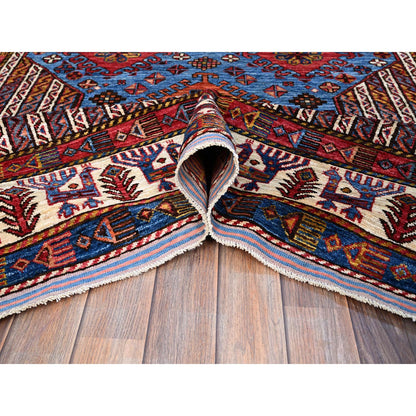 Tribal & Geometric Wool Hand Knotted Rug Blue Red 5.10X9.0 -O086981