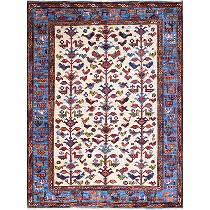 Tribal & Geometric Wool Hand Knotted Rug Ivory 5.11x7.8 -O086983