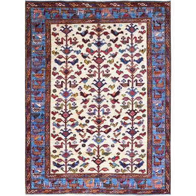 Tribal & Geometric Wool Hand Knotted Rug Ivory 5.11x7.8 -O086983