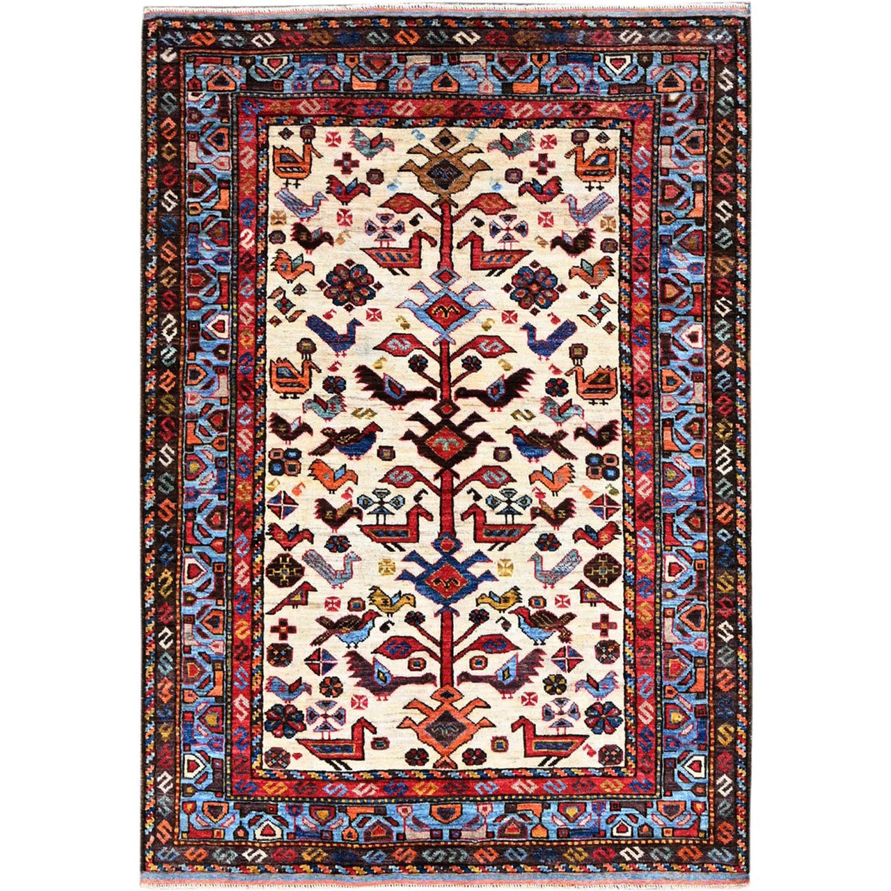 Tribal & Geometric Wool Hand Knotted Rug Ivory Blue 3.8X5.4 -O086988