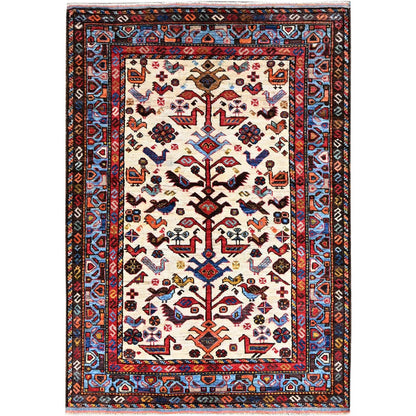 Tribal & Geometric Wool Hand Knotted Rug Ivory Blue 3.8X5.4 -O086988