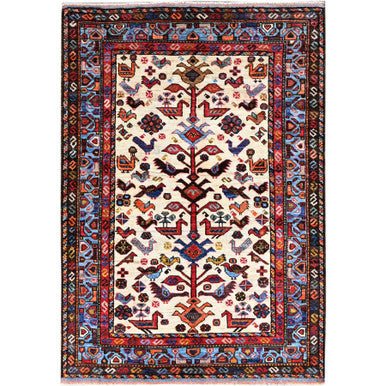 Tribal & Geometric Wool Hand Knotted Rug Ivory Blue 3.8X5.4 -O086988
