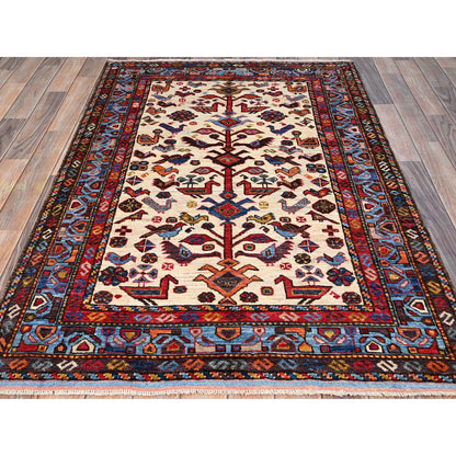 Tribal & Geometric Wool Hand Knotted Rug Ivory Blue 3.8X5.4 -O086988
