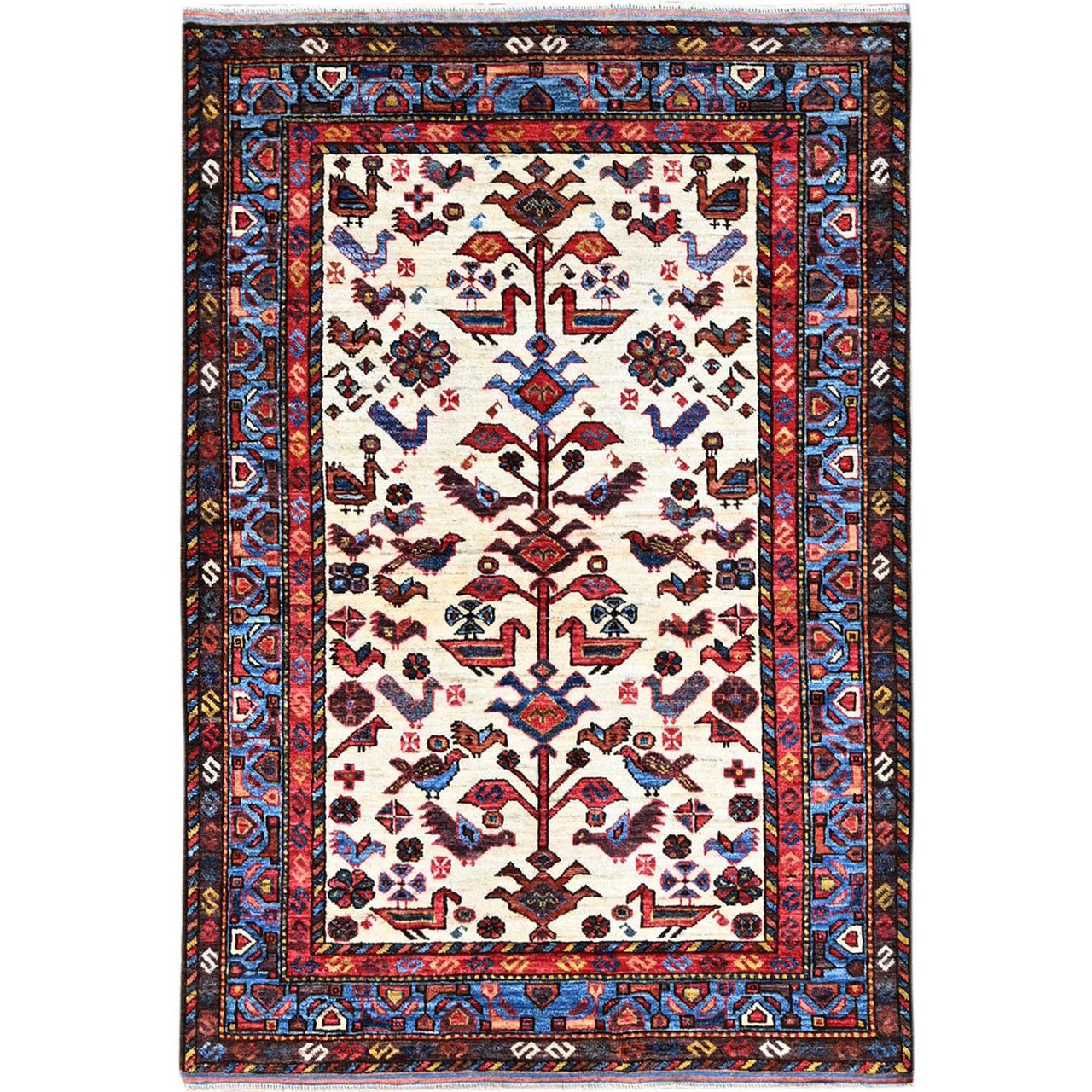 Tribal & Geometric Wool Hand Knotted Rug Ivory Blue 3.7X5.3 -O086990